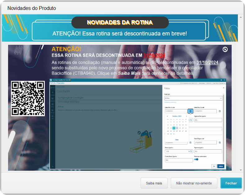 Novo Conciliador Financeiro - As rotinas de Conciliação Bancária e Conciliação Automática estão prestes a serem descontinuadas