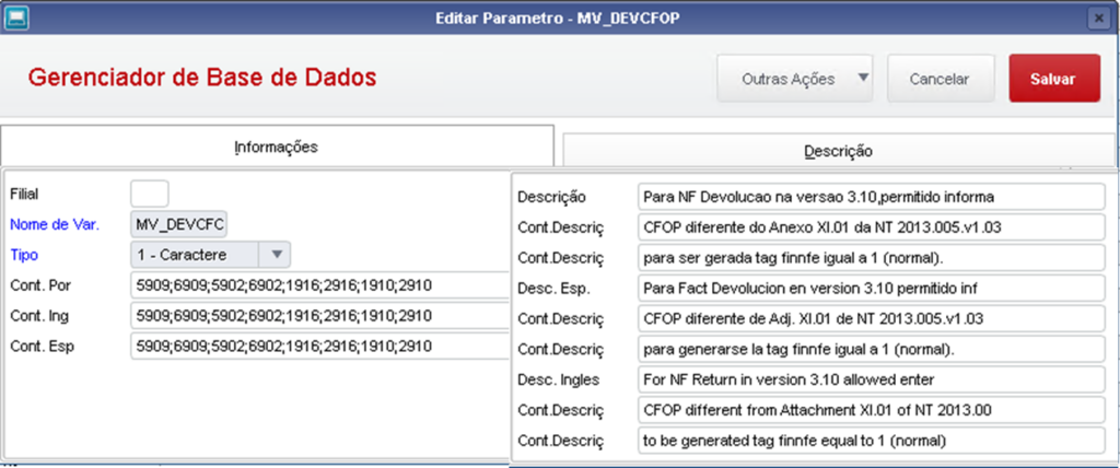 Ajuste SINIEF - Editar Parâmetro MV_DEVCFOP