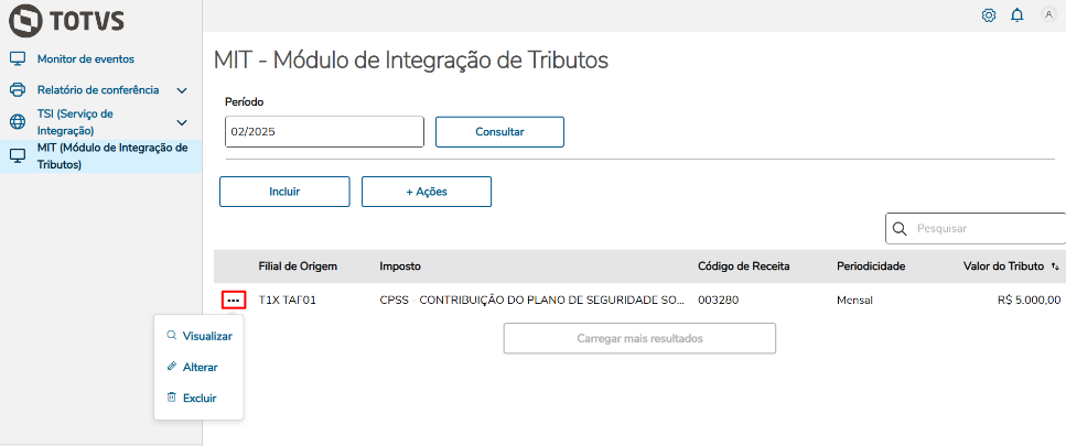 Novo Registro - Módulo de Integração de Tributos MIT
