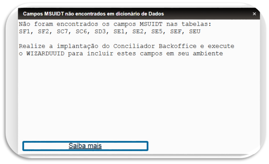 Mensagem de erro - Campos UUID (MSUIDT)