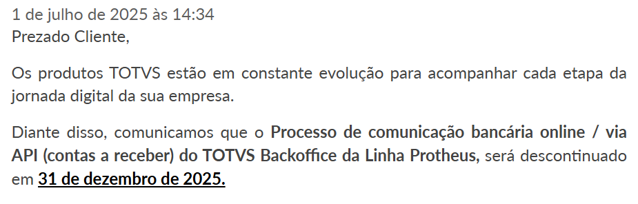 descontinuação da API bancária no Protheus