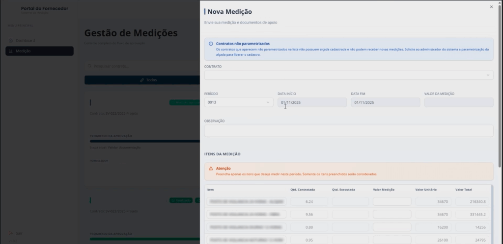 Adicionando nova medição de contrato no Fluig