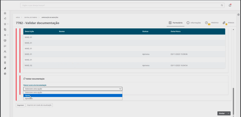 Validação de documentação - Medição de Contratos Fluig