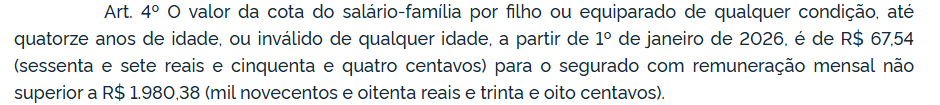 Valor do salário família 2026